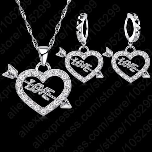 Trendy Wedding Jewelry Sets For Brides Heart Shape Women Silver Cubic Zirconia Pendants Necklaces Earrings Set Bijoux