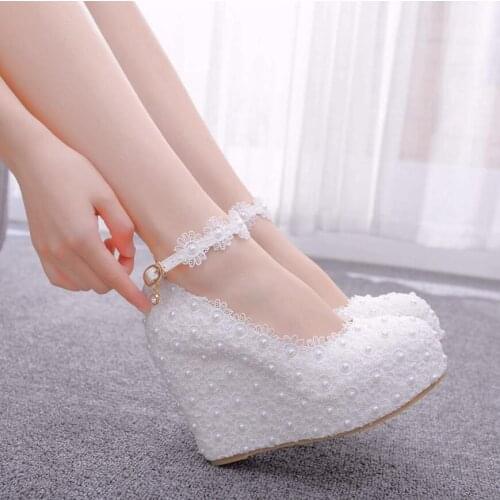 11 cm New White Wedges Wedding Pumps Sweet White Flower Lace Pearl Platform Pump Shoes Bride Dress High Heels