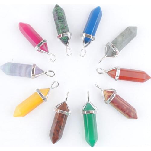 Natural Stone Pendants Bullet Fluorite Labradoirte Sodalite Hexagonal Point Pendulum Column Reiki Healing Chakra 10pcs QBN470