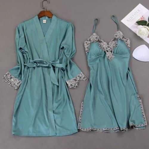 Nighty Robe Set Womens 2PCS Nightshirts Sleep Suit V-Neck Pajamas Silky Sleepwear Homewear Wear Home Nightdress Negligee Gown