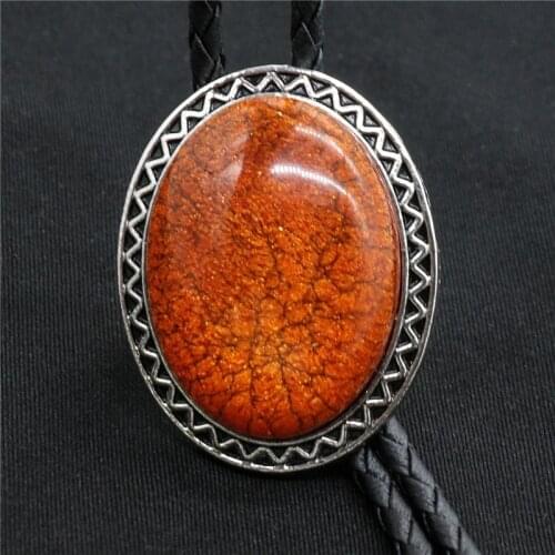 Original Western Cowboy BOLO Tie Clip Middle Inlay Red Coral Stone Wavy Lace PU Leather Rope Mens Fashion Jewelry
