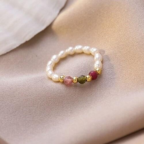 Freshwater Pearl Bead Elastic Ring Minimalist Handmade Finger Jewelry Geometric Crystal Rings For Women Gift Anillos Femme