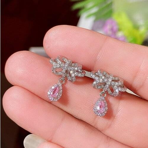 Huitan Delicate Bow Shaped Earrings with Water Drop CZ Pendant Temperament Sweet Accessories for Women Fancy Gift Trendy Jewelry