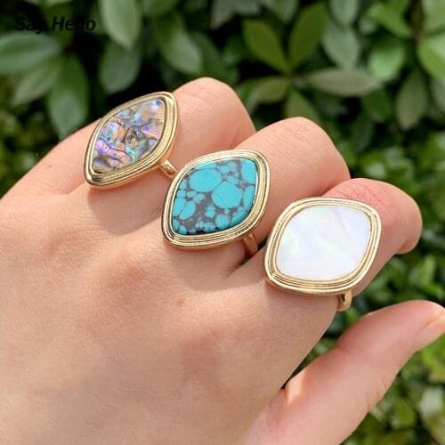 SAY HELLO Boho Limitation Abalone Shell Turquoises Rings for Women Geometric Rhombus Rings Fixed Size Jewelry Gifts Ringe K2455
