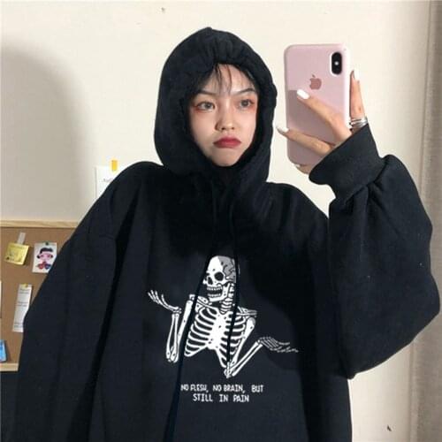 Funny skull print unisex hoodie ins tide couple wear casual all-match fashion womens sweatshirt personality loose Oversize top