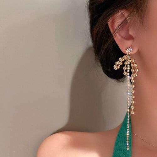 VSnow Bling Bling Rhinestone Long Tassel Dangle Earring for Women Fashion Bowknot Round Beaded Gold Metallic Earring Jewellery