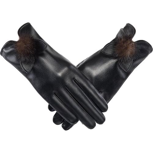 Women Gloves Windproof Waterproof Pom Pom Winter Warm Gloves Texting Gloves Black Fake Leather