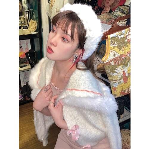 Japanese Mohair Winter Women Short Knitted Sweater Solid Black White Sweet Soft Girls Kawaii Bow Sailor Collar Plush Overcoat