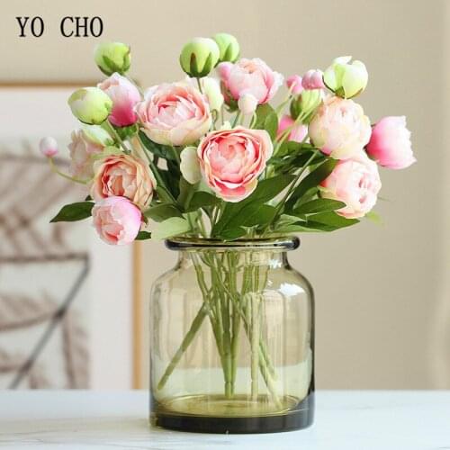 YO CHO Artificial Flower 4 Heads Tea Rose Peony Fake Silk Flower Wedding Peony Bridal Bridesmiad Bouquet Flowers Home Decoration