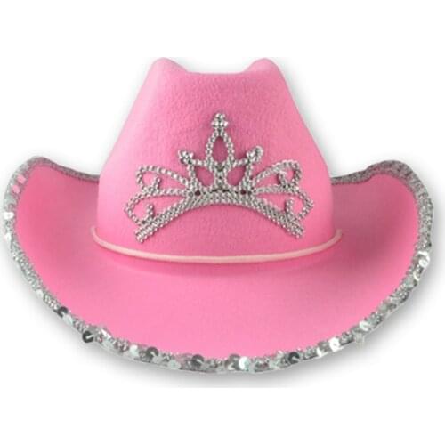 Western Cowboy Caps Crown Cowgirl Hat for Women Girl Pink Tiara Cowgirl Hat Holiday Costume Party Hat Feather Edge Fedora Cap