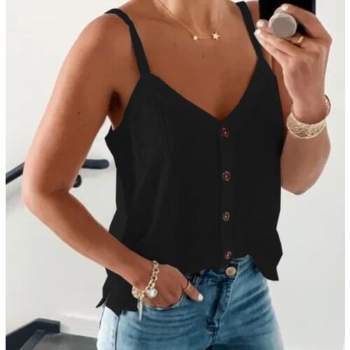 2021 Black V-neck Button Tee Shirts Women Summer Y2K Clothes Spaghetti Strap Loose Simple Tank Tops Female Plus Size 5XL Tshirt