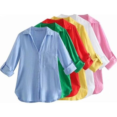 TRAF Za 2021 Women Simply Candy Color Single Breasted Shirts Linen Office Lady Long Sleeve Womens Blouse Blomens Chemise femme
