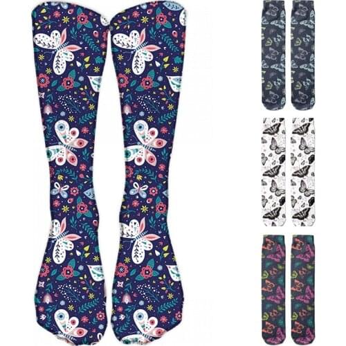 Butterfly Printed Womens Long Socks Fashion Colorful Thigh High Socks For Female Happy Harajuku Compression Cotton Soft Socks