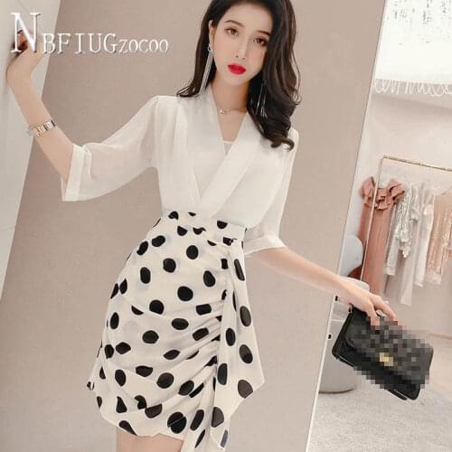 Women Sets High Waist Polka Dot Irregular Skirt And Temperament V Neck Chiffon Female Blouse And Tube Female Sets