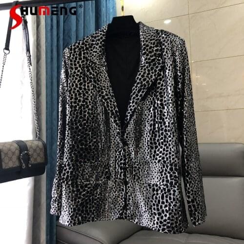 2021 Early Autumn New Womens Leopard Print Long Sleeve Blazers Ladies Fashion Sequined Flocked Printed Shiny Slim Fit Suit Coat