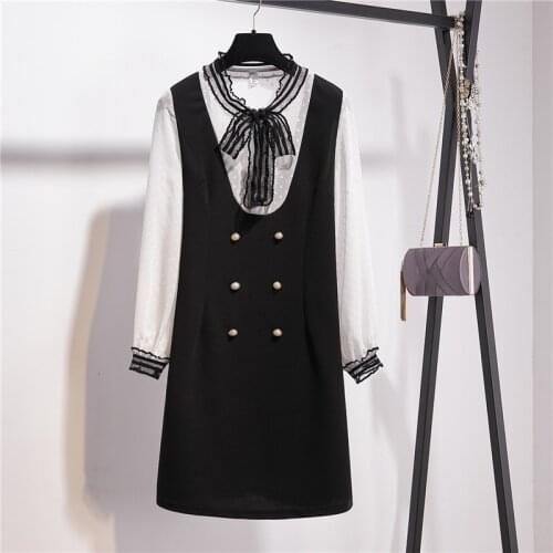 Plus Size Elegant Dress Women Clothes 2020 New Lace Bow Collar Polka Dot Chiffon Long Sleeve Patchwork A-Line Dresses S-4XL