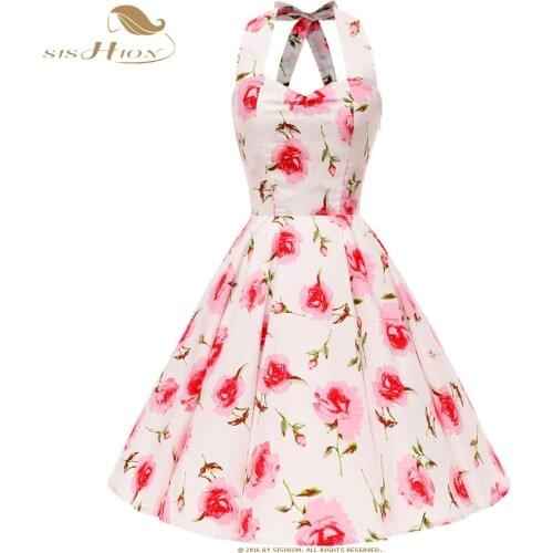 SISHION 100% Cotton Dress Elegant Halter Elastic Back Sexy Large Swing Retro Vintage Women Summer Floral Dresses VD0749