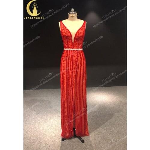 Zuhair Murad Deep V Neck Sexy Red Beads Sheath Slit abiti da cerimonia robe longue elegant dress Evening Dresses