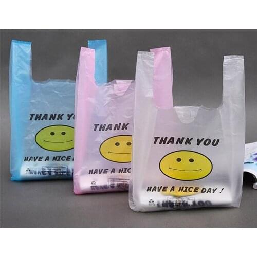 100pcs High Quality Thicker 5D Supermarket Yellow Lovely Smile White Vest Plastic Carrier Shopping Hand Bag Packaging Bags