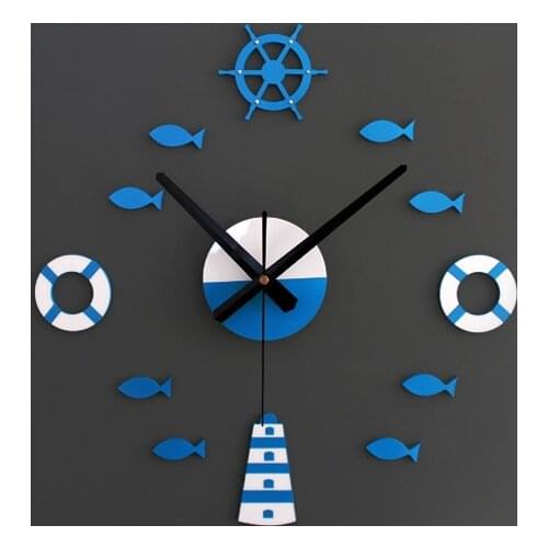 DIY Large Wall Clocks Modern Design Wall Sticker For Kids Room Decor Children Wall Sailor Watches Life Buoy Blue Sea Ship Fishe