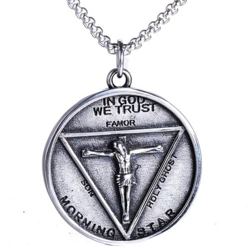 MIQIAO Stainless Steel Titanium Retro IN GOD WE TRUST Cross Morning Star Jesus Round Pendant Collar Chains Necklace for Men Gift