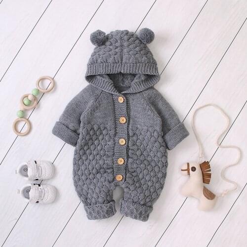 Newborn Baby Ins Hot Sale Knit Jumpsuit Romper Baby Girl Boy Winter Warm Coat Knit Outwear Hooded Jumpsuit