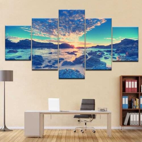 Canvas Pictures Framework Home Decor Prints Poster 5 Pieces Beach Wave Reef Stones Painting Sunrise Sky Clouds Seascape Wall Art