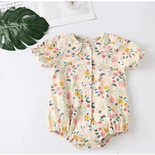 Korean Style Summer Baby Romper Tops Sweet Floral Print Single Breasted Peter Pan Collar Short Sleeve Baby Girl Bodysuit 0-24M
