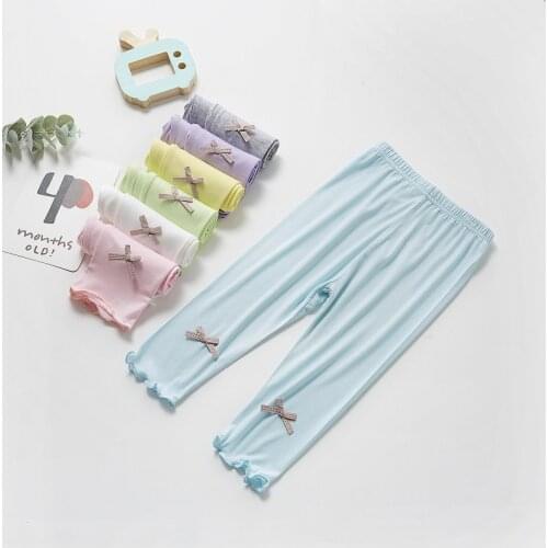 Girls' Leggings 2021 Summer Thin Elastic Waist Modal Solid Colour Bow Casual Cute Kids Calf-Length Pants WTP16