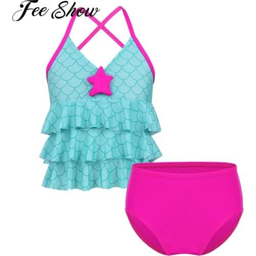 Summer Brazilian Tankini Swimsuits Bathing Suit Kids Girls Swimwear Mermaid Scales Printed Top with Bottoms Bikinis Set Swimsuit