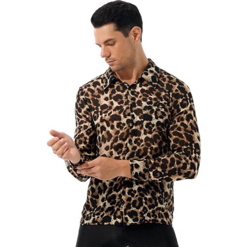 Men Fashion See-through Leopard Print Button T-Shirts Turn-down Collar Long Sleeve Casual Tops Nightclub Costume Sissy Clubwear