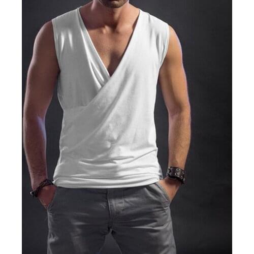 Mens Sleeveless Tank Top Summer White Pullover Solid Muscle Vest Undershirts V Neck Gymclothing T-shirt Mens Vest Underwear