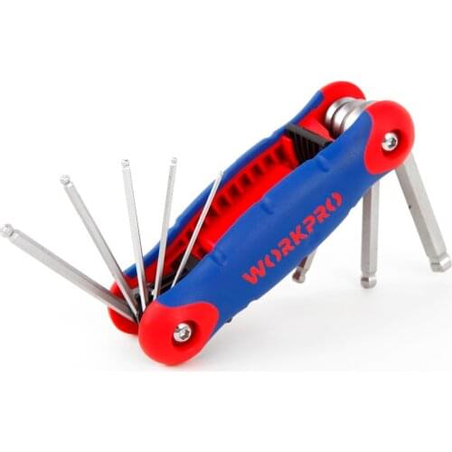 WORKPRO 8 IN 1 Folding Ball Point Key Set with Rubber Grip Handle Metric Ball Ended Hex Allen Key Wrench Set
