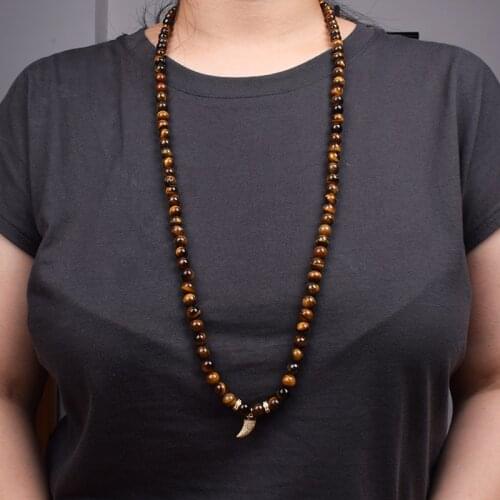Fashion 108 Mala Beads Necklaces Women Natural Tiger Eye Stone Meditation Yoga Reiki Necklace Men Horn with Cubic Zircon Jewelry