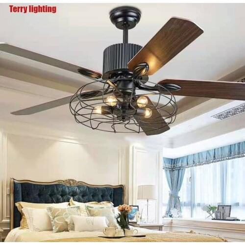 Attic chandelier, retro dining room fan, living room led remote control leaf fan lamp, American living room wood leaf fan lamp
