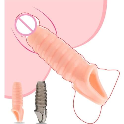Extension Reusable Condom Penis Sleeve Male Enlargement Time Delay Spike Clit Massager Cover Crystal Clear Condoms Adult Sex Toy