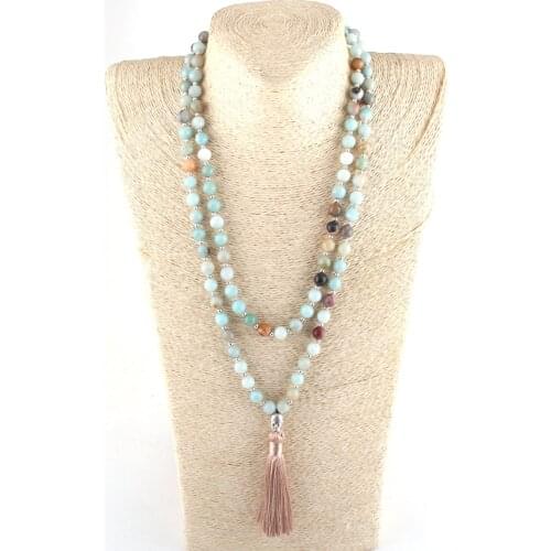 RH Fashion Yoga Jewelry 8mm 108pc Beaded Amazonite Stone Buddha Charm Mala Necklace For Women Lariat Necklaces
