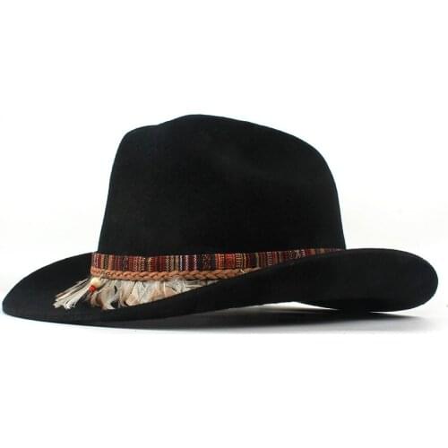 100% Wool Women Men Wool Hollow Western Cowboy Hat Gentleman Dad Roll Up Brim Black Outback Sombrero Hombre Montana Hat 57-59CM