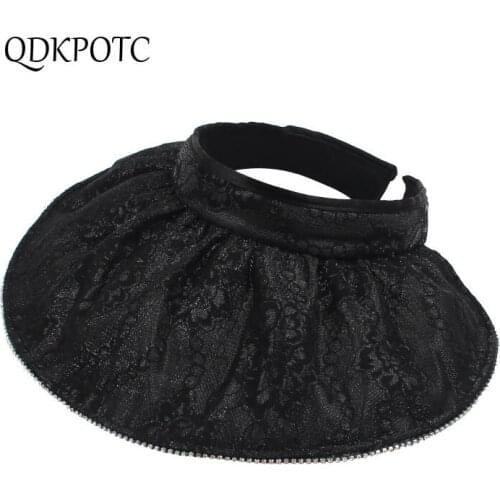 2021 Hat Summer New Women Lace Flowers Sun Hats Fashion Big Eaves Bright Diamond Collapsible Shell Shading Empty Top Cap QDKPOTC