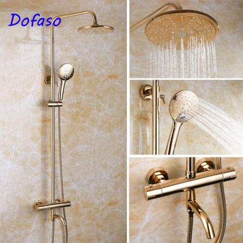 Dofaso Bathroom Gold Thermostatic Shower Faucet Set Wall mount all brass golden rain shower set thermosta faucet