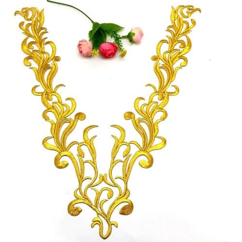 Iron On Appliques Garment Collar Gold Embroidered Patches 41cm