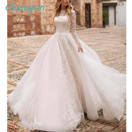 Chengjun Vintage Lace Princess Wedding Dresses Ball Gown Handmade Elegant Long Sleeve Wedding Gowns vestido de noiva