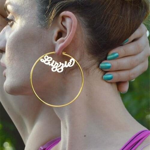 VishowCo 30-90mm Custom Name Earrings Hoop Personalized Stainless Steel Custom Round Circle EarringsHoop Style Earrings Gift