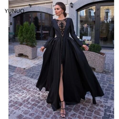 YUNUO Simple Black A Line Formal Evening Dresses Satin Party Gowns Detachable Skirt Long Sleeve vestido de noche Prom Dress