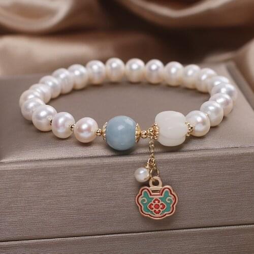 Chinese style natural fresh water pearl bracelet lucky transfer long life lock pendant бисер abalorios pulseras браслеты дружбы