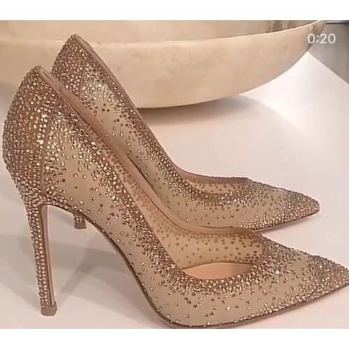 Moraima Snc Crystal Embellished High Heel Shoes Sexy Pointed Toe Wedding Heels Woman Shallow Slip on Rhinestones Dress Pumps