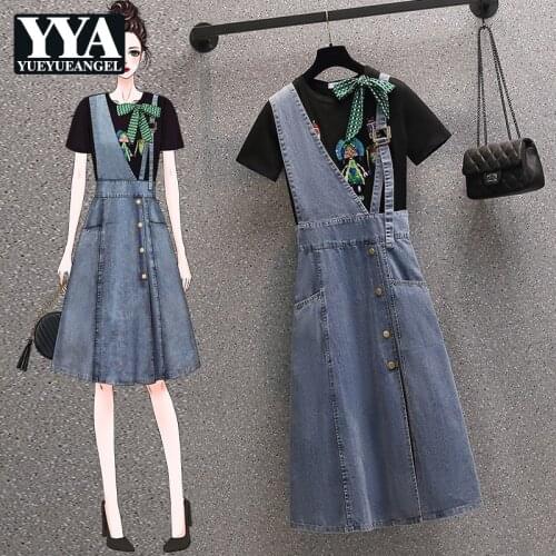 High Street Two-Piece Suit Summer New Large Size Womens Sets Vintage T-Shirts Elegant Denim Strap Dress Korean Style Fashion