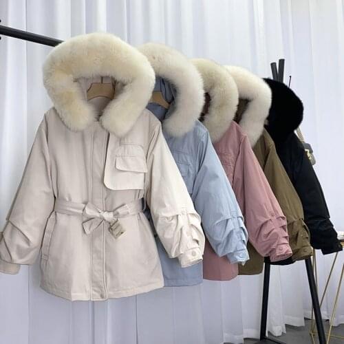 2021 New Winter Women Thick Warm Large Real Fur Hooded Down Jacket 90% White Duck Down Coat Waist With Belt Parker Overcoat