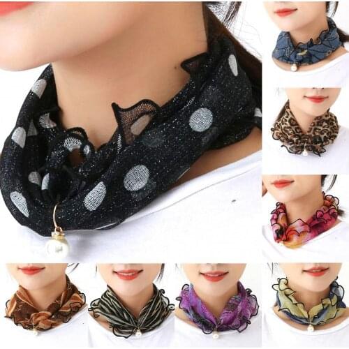 Women Ruffled Lace Chiffon Scarf Faux Pearl Pendent Print Neckerchief Headband