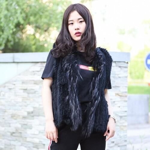 CX-G-B-19 New Design Raccoon Fur Trim Knitted Women Real Rabbit Fur Vest
